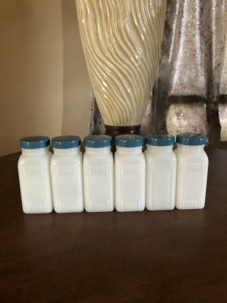 Vintage Milk Glass Spice Jars Set Of 6 With Shaker Inserts And Blue Lids