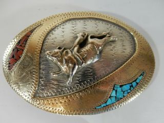 Vintage Bull Rider Belt Buckle Silver,  Bronze,  Turquoise,  Red Coral,  Signed Bjc