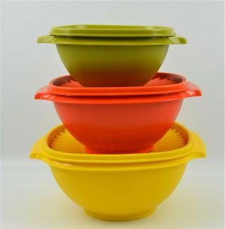 Vintage Tupperware 3 Servalier Nesting Bowls Lids Harvest Colors 836 838 840