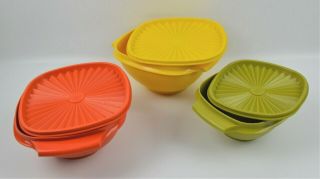 Vintage Tupperware 3 Servalier Nesting Bowls Lids Harvest Colors 836 838 840 2