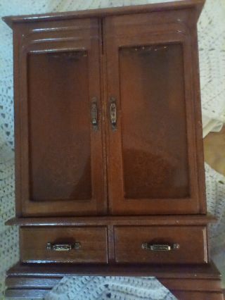 Elegant Lg Vtg Wood With Double Orange Frosted Glass Doors Jewelry Box Lined