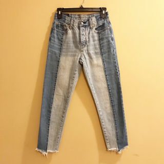 American Eagle Vintage High Rise Sz 0 Jeans Button Fly Two Tone Denim Raw Hem