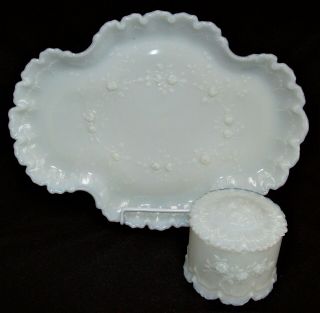 Vintage Milk Glass Opaque White Embossed Roses Vanity Tray & Powder Jar