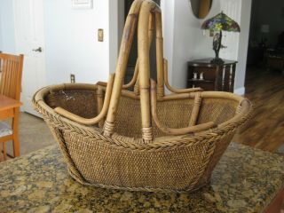 Vintage Basket Rattan Bamboo Woven Large Basket Farmhouse Cottage 23 Wide X 18.  5