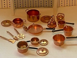 Vintage Dollhouse Copper Cooking Pans Utensils Pot Rack Accessories 1:12