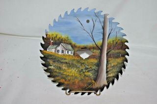 Vintage 7 " Hand Painted Saw Blade White Country Cabin Fall Ozark Scene Unique
