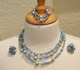 Vintage Multi Strand Blue Beaded Necklace Earring & Bracelet Set