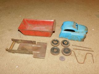 Very Old Vintage Metal Pressed Steel Toy Dump Truck Blue Red Unassembled