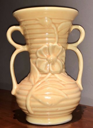 Vintage Shawnee Usa Pottery 8” Double - Handle Peach/yellow Floral Vase