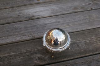 Vintage English Silver Plated Roll Top Domed Butter/ Caviar Dish On Legs & Liner