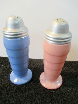 Vintage Milk Glass Pink And Blue Ribbed Salt Pepper Shakers; Pair; 4.  25 " Tall