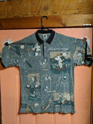 Vintage The Disney Store Mickey Mouse Golf All Over Print Graphic Polo Shirt