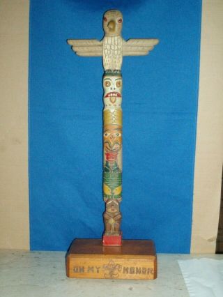 Vintage Hand Carved Painted Folk Art Totem Pole,  Michigan Pre 1960 Signed