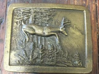Belt Buckle Deer Buck In Forest Indiana Metal Craft 1977 J97 Vintage Brass Tone