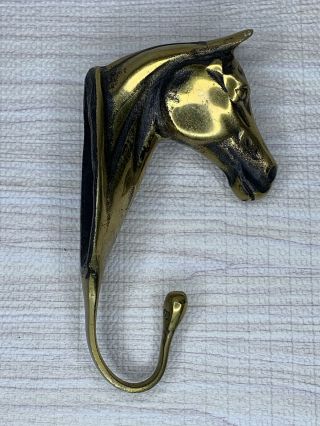 Vintage Brass Metal Horse Head Wall Mount - Coat - Hat - Keys - 1 Hook Hanger Patina