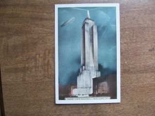 Vintage Postcard York City Empire State Building Airship Zeppelin