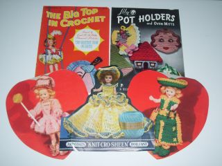 Vtg 1950s Crochet Pattern Booklets Pot Holders Oven Mitts Doll Clothes Toys