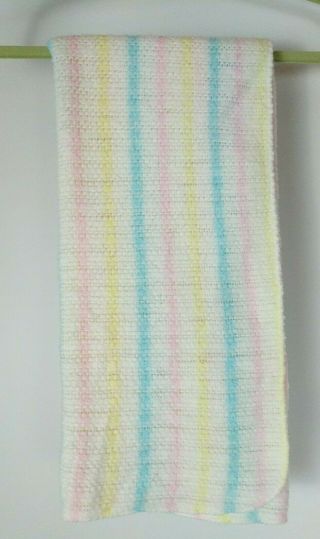 Vtg Baby Blanket Waffle Weave Acrylic Pastel Pink Blue Yellow Stripe Unbranded