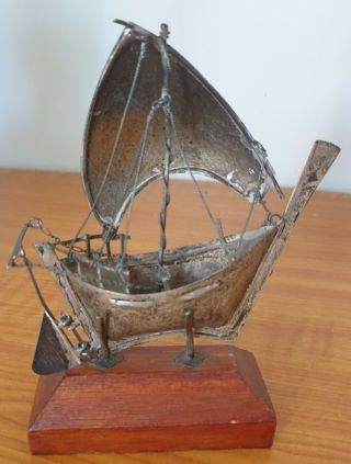 Vintage Mid Century Small Silver Plated Model Sailing Boat On Wooden Stand