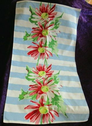 Vintage 1940s Wilendur Kitchen Towel 30x17 Red Yellow Floral On Blue Striping