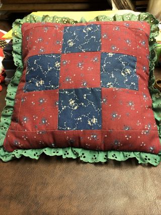 Vintage Quilt And Floral Throw Pillow With Lace Edges.