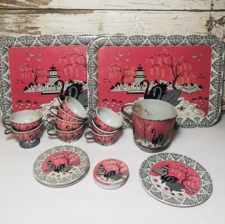 Vintage Ohio Art Co Tin Pink Swan Childrens Tea Set Play Dishes 25 Pc