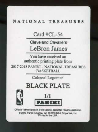 2019 National Treasures Colossal Logoman Black Printing Plate LeBron James 1/1 2