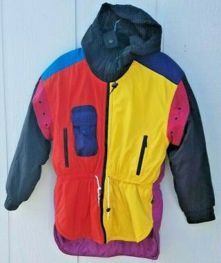 Vtg 80s 90s Tyrolia Neon Colorblock Ski Coat Hooded Parka Jacket Sz 8 Small Wow