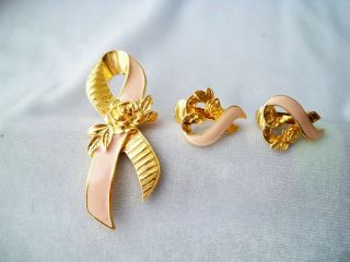 Vintage Avon Pink Enamel Ribbon Breast Cancer Brooch & Clip On Earrings Set