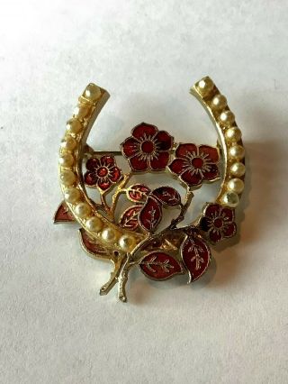 Vintage Lucky Horseshoe Pin/brooch,  Pearl With Red Enamel Flowers,  Detailed