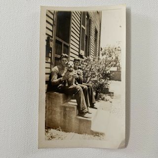 Antique Vintage Sepia Snapshot Photo Boy On Steps With Happy Dog & Root Beer