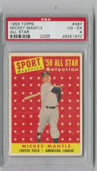 1958 Topps Baseball Mickey Mantle All Star 487 Vg - Ex Psa 4