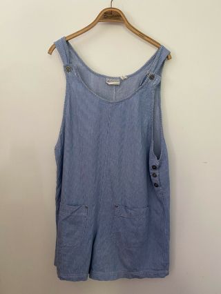 Vintage 90s Blue Cotton Overall Shorts Playsuit Romper Pinstripe L
