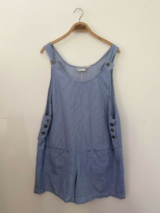 Vintage 90s Blue Cotton Overall Shorts Playsuit Romper Pinstripe L 2