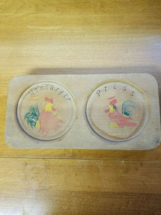 Vintage Wooden Double Hamburger Press - Rooster - Hinged Lid - Rustic Decor