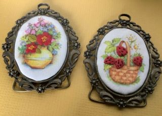 Vintage Set Of 2 Framed Floral Needle Points Small 2.  5” Country Garden Victorian