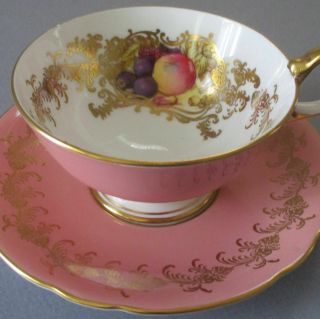 Vintage Aynsley Bone China Pink Footed Cup & Saucer Fruit Gilt Garlands Flowers