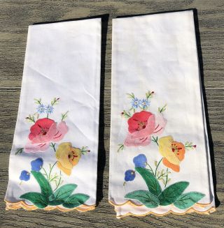 2 Vintage Tea Towels White Floral Kitchen Dish Decor Bought In Europe