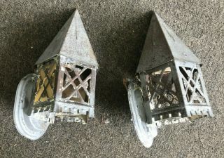 Two Vintage Metal & Amber Glass Wall Mount Outdoor Porch Light Fixture
