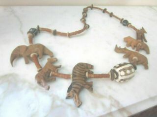 Necklace Vintage Hand Carved Wooden Safari African Animal Ceramic Bead Claspless
