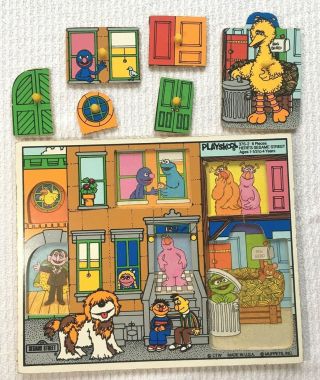 Vintage Sesame Street Playskool Wood Peek - A - Boo Puzzle / Retro Muppets Toy A - 1