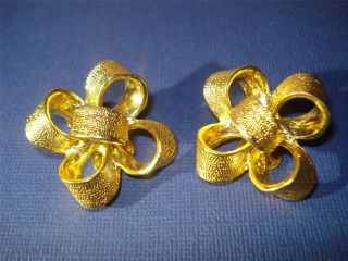 Vintage Kjl Kenneth Jay Lane Bow,  Ribbon Earrings,  Clip On,  Gold Plated,  Pretty