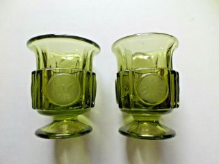Vintage Fostoria Olive Green Coin Glass Toothpick Holders Set Of 2 Footed Glass