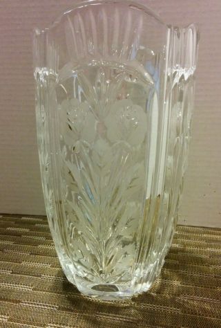Vintage 8 1/4 Inch Heavy Vase Lead Crystal Etched Flowers Leaves Gorgeous