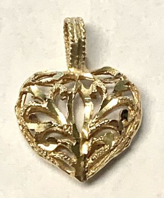 Little Vintage 14k Gold Filigree Puffy Heart Pendant Or Charm,  0.  5 " By 0.  5 "
