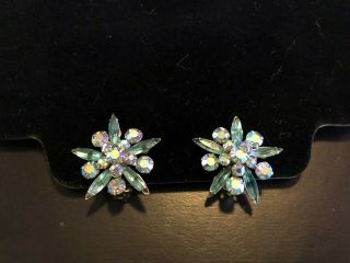 Vintage Judy Lee Light Blue Rhinestone Earrings Clip On