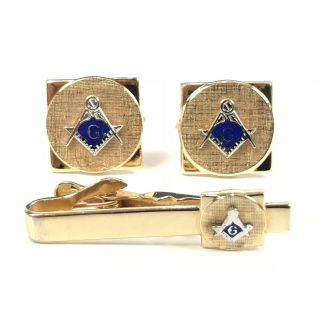 Vintage 3 Piece Masonic G Masons Tie Clip & Cuff Links Set Gold Blue Swank
