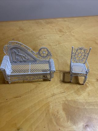 Vintage Dollhouse Miniatures Furniture White Metal Wicker Couch & Chair Gb