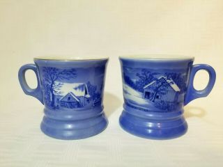 Vintage Blue Currier And Ives Farmers Home Winter Coffee Shaving Style Mugs