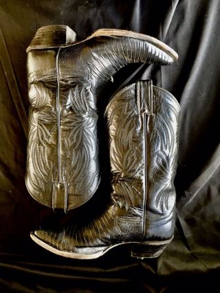 Vintage Usa Justin Lizard Leather Black Cowboy Boots 7b Show Worn 1980s Woman